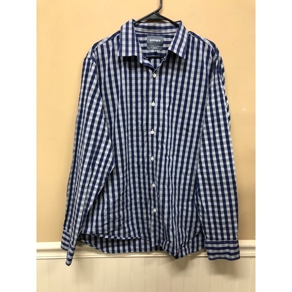 BONOBOS Slim Fit Gingham Plaid Blue Gray Shirt XXL - Picture 1 of 5